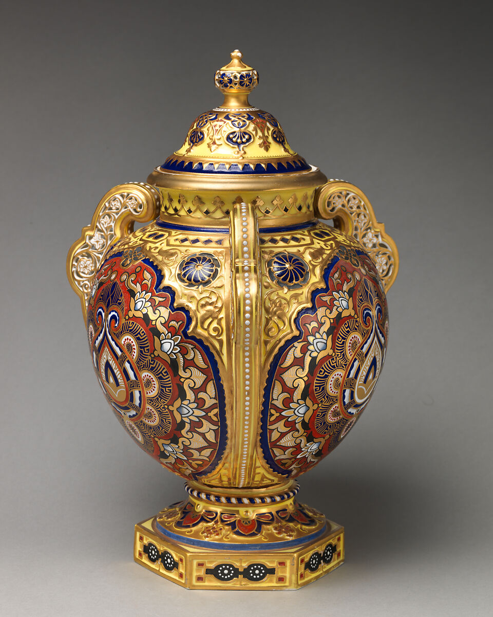 "Alhambra" vase with lid, Crown Derby (British, 1750–present), Bone china with enamel decoration and gilding, British, Derby