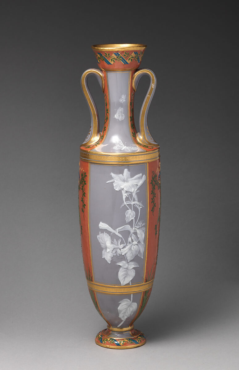 Elongated amphora shaped vase in pastel shades, Minton(s) (British, Stoke-on-Trent, 1793–present), Porcelain, decorated with pâte-sur-pâte technique, British, Stoke-on-Trent, Staffordshire