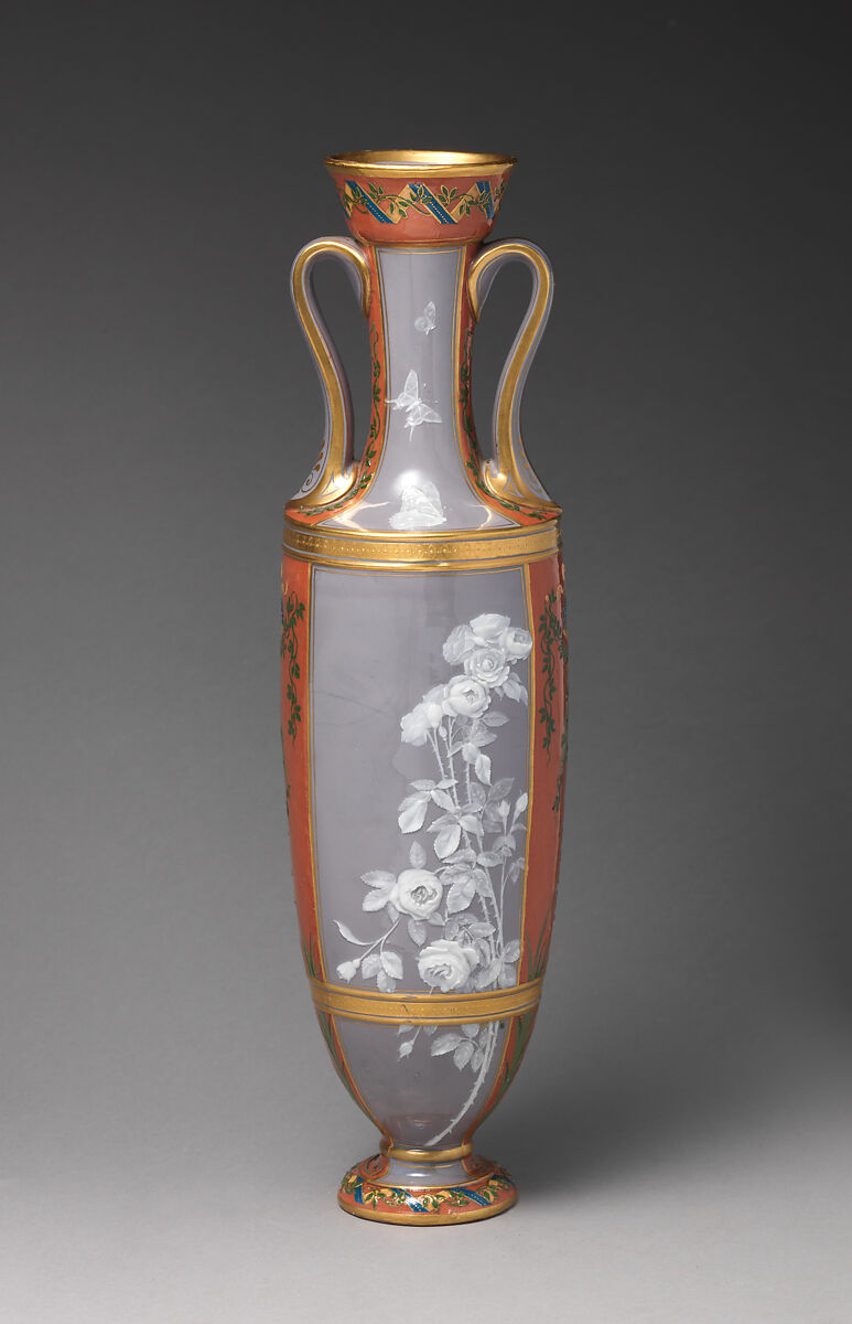 Elongated amphora shaped vase in pastel shades, Minton(s) (British, Stoke-on-Trent, 1793–present), Porcelain, decorated with pâte-sur-pâte technique, British, Stoke-on-Trent, Staffordshire 