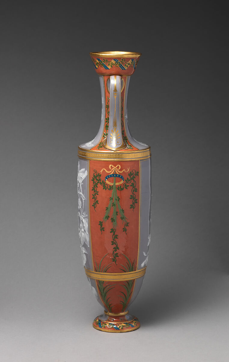 Elongated amphora shaped vase in pastel shades, Minton(s) (British, Stoke-on-Trent, 1793–present), Porcelain, decorated with pâte-sur-pâte technique, British, Stoke-on-Trent, Staffordshire