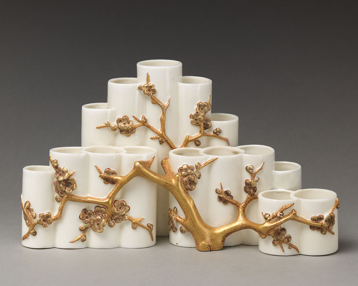 Bamboo vase with flowering cherry blossoms, Worcester factory (British, 1751–2008), Bone china "ivory porcelain" with gilding, British, Worcester 