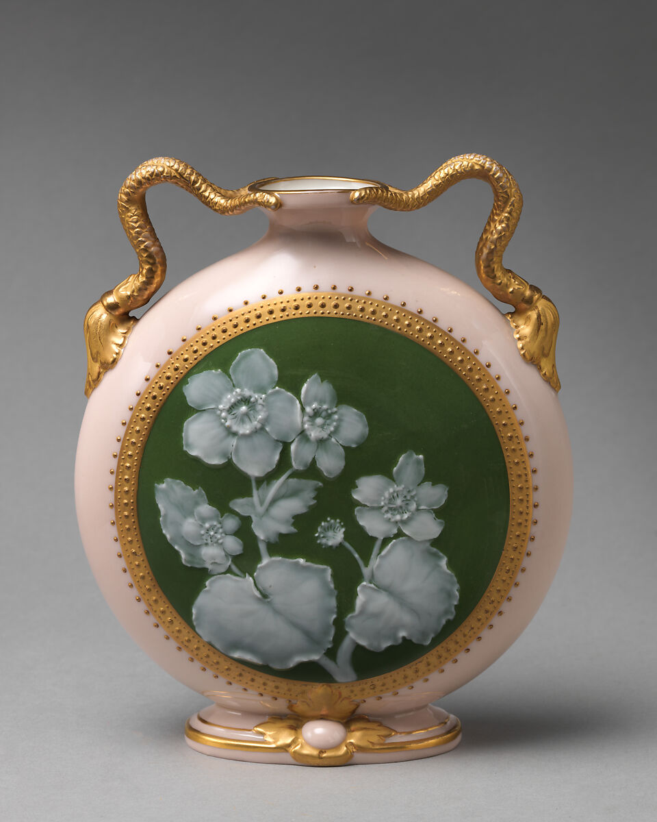 Moon flask with snake handles and floral reserve, Attributed to Grainger (British, active late 18th century), Porcelain, decorated with pâte-sur-pâte technique, British, Worcester 