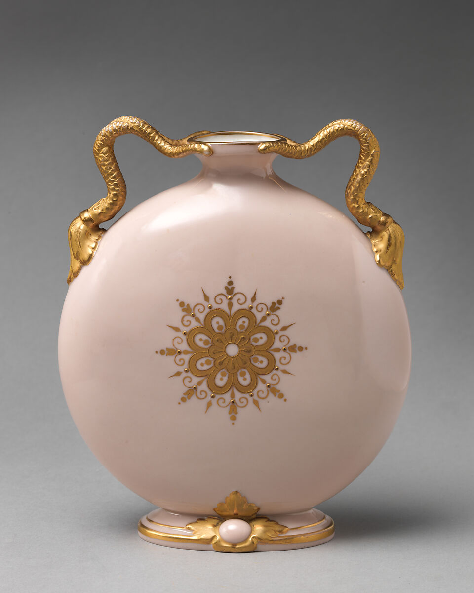 Moon flask with snake handles and floral reserve, Attributed to Grainger (British, active late 18th century), Porcelain, decorated with pâte-sur-pâte technique, British, Worcester
