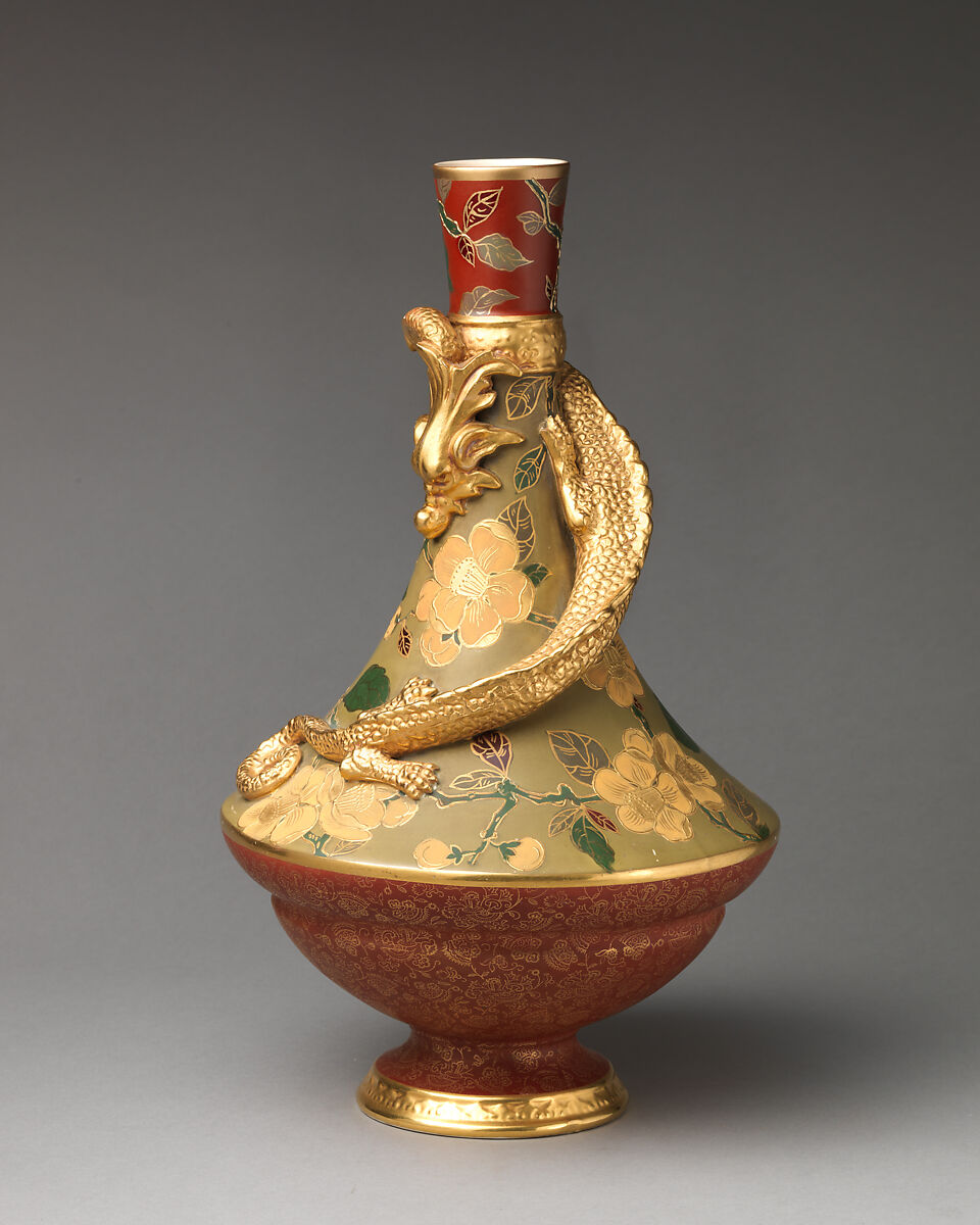 Vase with coiled dragon, Old Hall Works (British, 1861–1902), Earthenware with gilding, British, Hanley, Staffordshire 