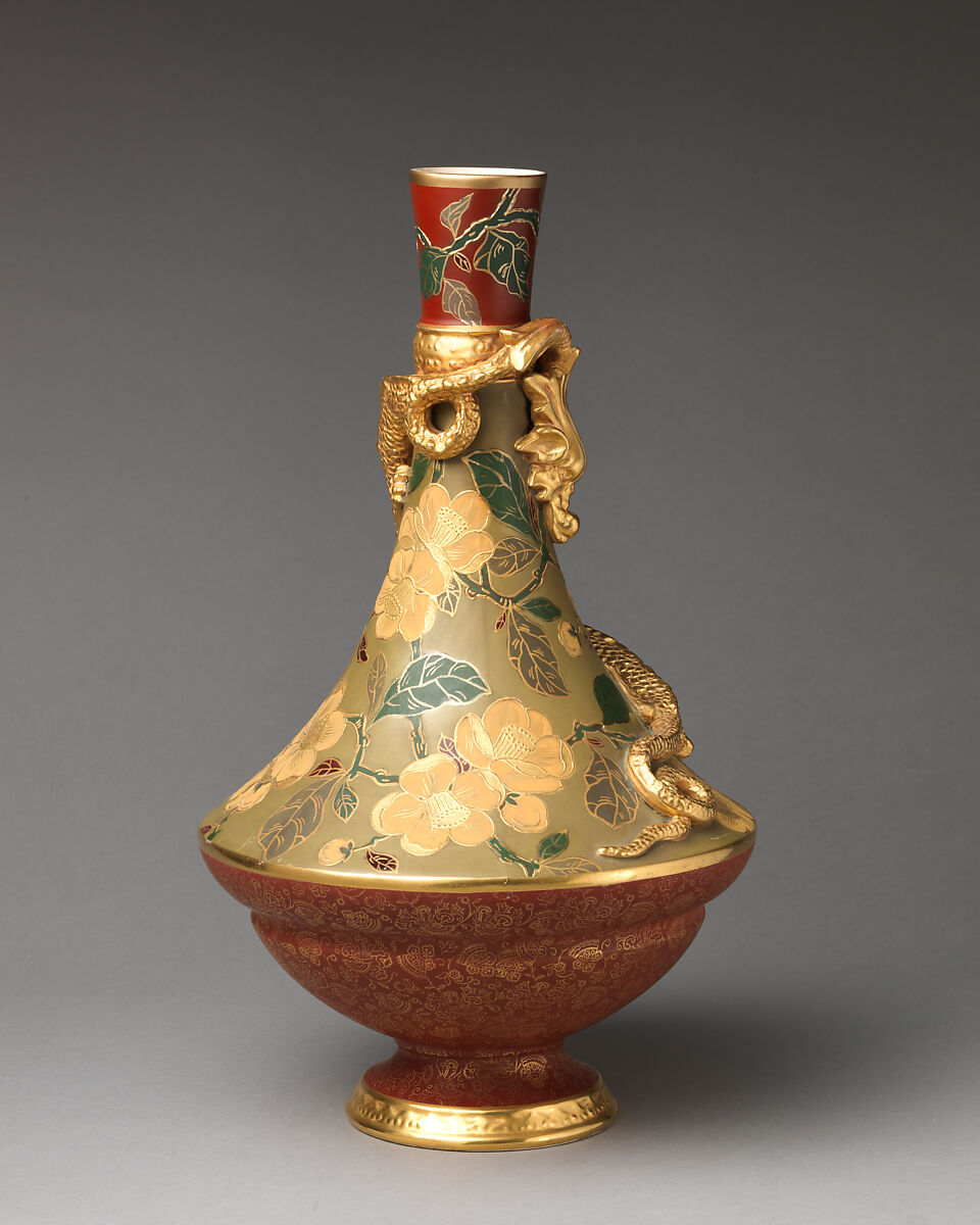 Vase with coiled dragon, Old Hall Works (British, 1861–1902), Earthenware with gilding, British, Hanley, Staffordshire