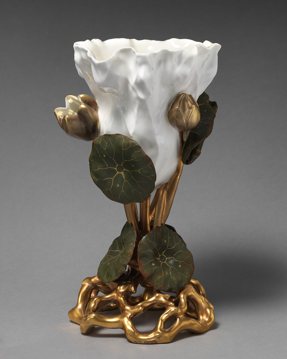 Vase in the form of a lotus, Moore Brothers (British, 1870–1905), Bone china with enamel decoration and gilding, British, Longton