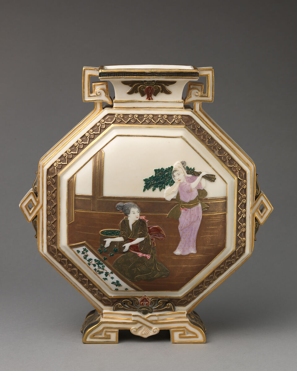 Octagonal vase with scenes of the story of the silkworm, James Hadley (British, 1837–1903), Bone china ("ivory porcelain") with enamel decoration and gilding, British, Worcester