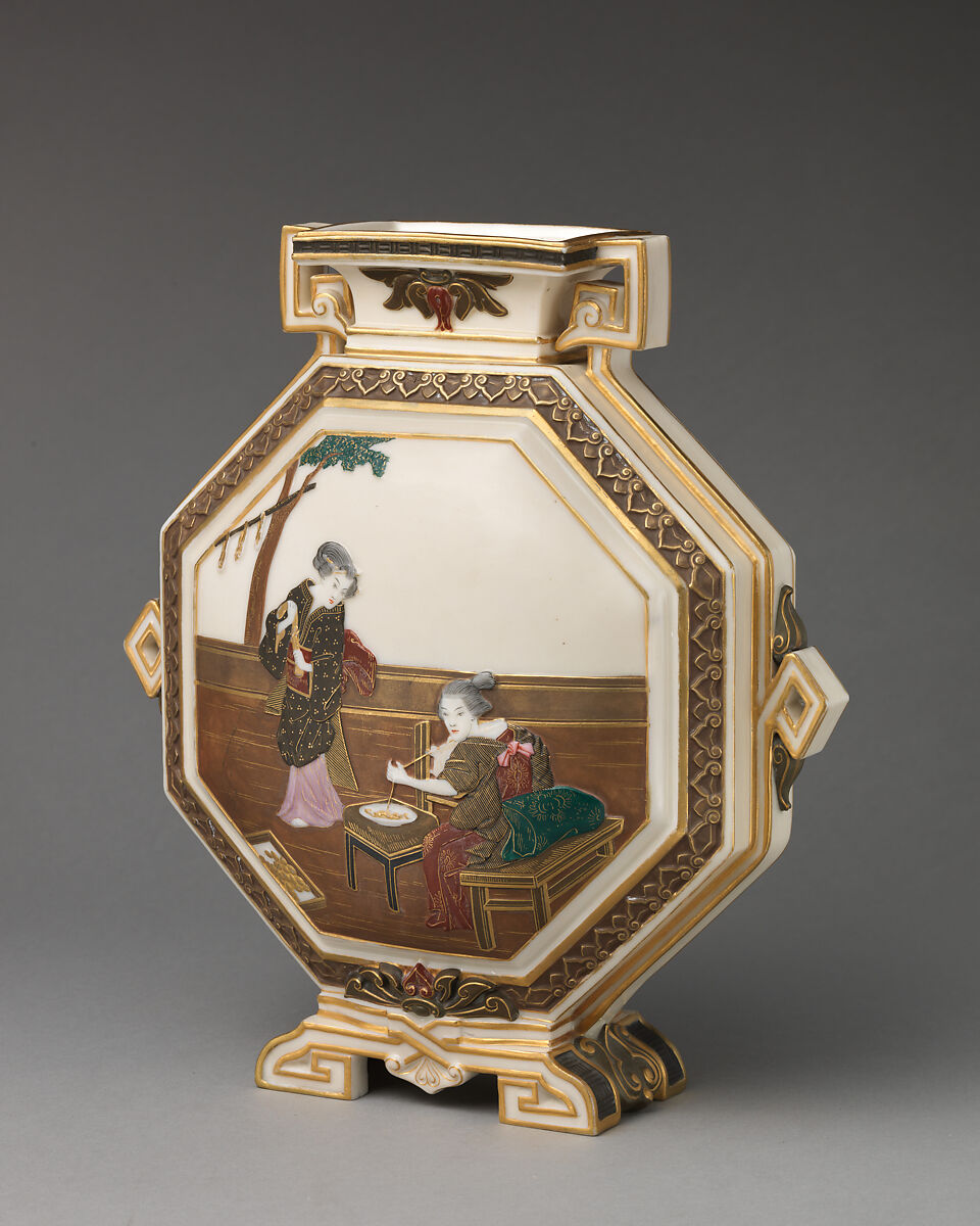 Octagonal vase with scenes of the story of the silkworm, James Hadley (British, 1837–1903), Bone china ("ivory porcelain") with enamel decoration and gilding, British, Worcester