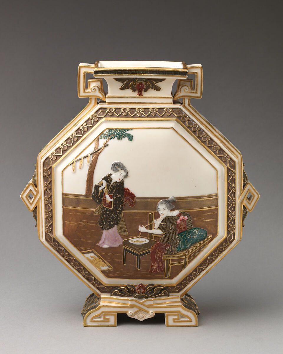 Octagonal vase with scenes of the story of the silkworm, James Hadley (British, 19th century), Bone china ("ivory porcelain") with enamel decoration and gilding, British, Worcester 