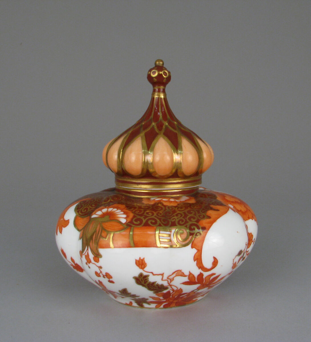 Jar with lid, Crown Derby (British, 1750–present), Bone china with enamel decoration and gilding, British, Derby