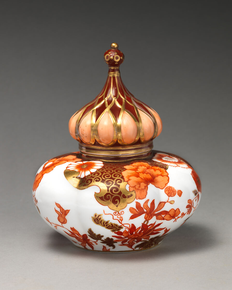 Jar with lid, Crown Derby (British, 1750–present), Bone china with enamel decoration and gilding, British, Derby 