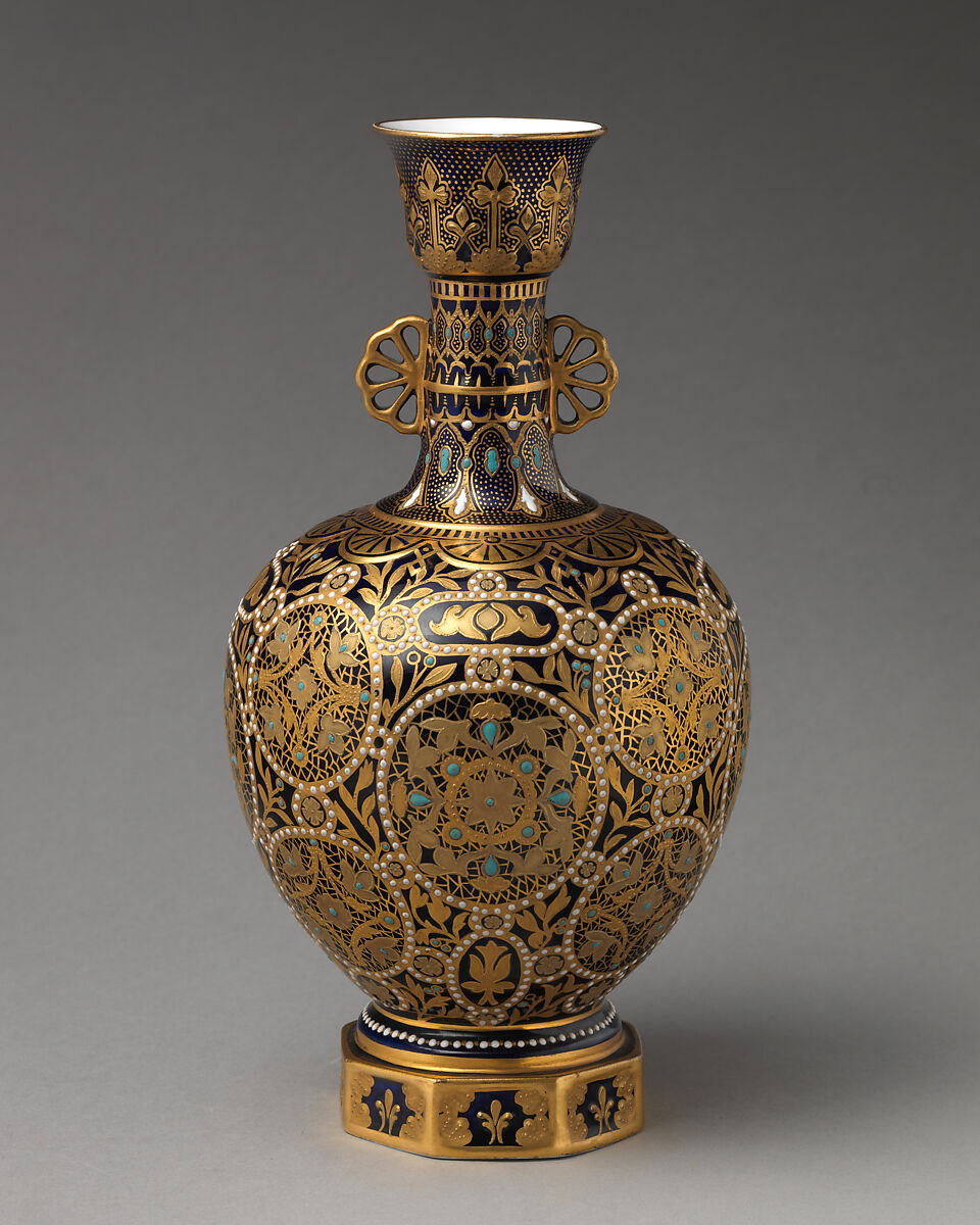 Vase with hexagonal foot (one of a pair), Crown Derby (British, 1750–present), Bone china with enamel decoration and gilding, British, Derby 