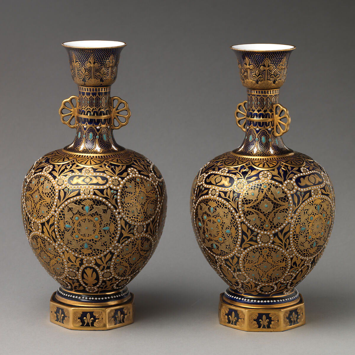 Vase with hexagonal foot (one of a pair), Crown Derby (British, 1750–present), Bone china with enamel decoration and gilding, British, Derby