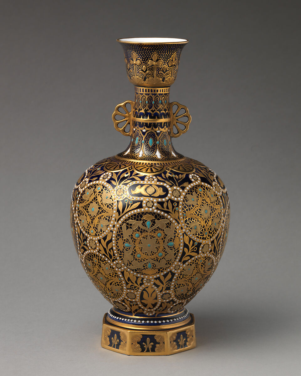 Vase with hexagonal foot (one of a pair), Crown Derby (British, 1750–present), Bone china with enamel decoration and gilding, British, Derby 