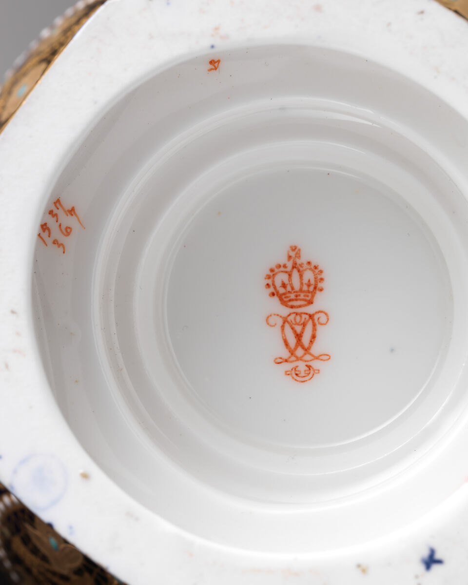 Vase with hexagonal foot (one of a pair), Crown Derby (British, 1750–present), Bone china with enamel decoration and gilding, British, Derby