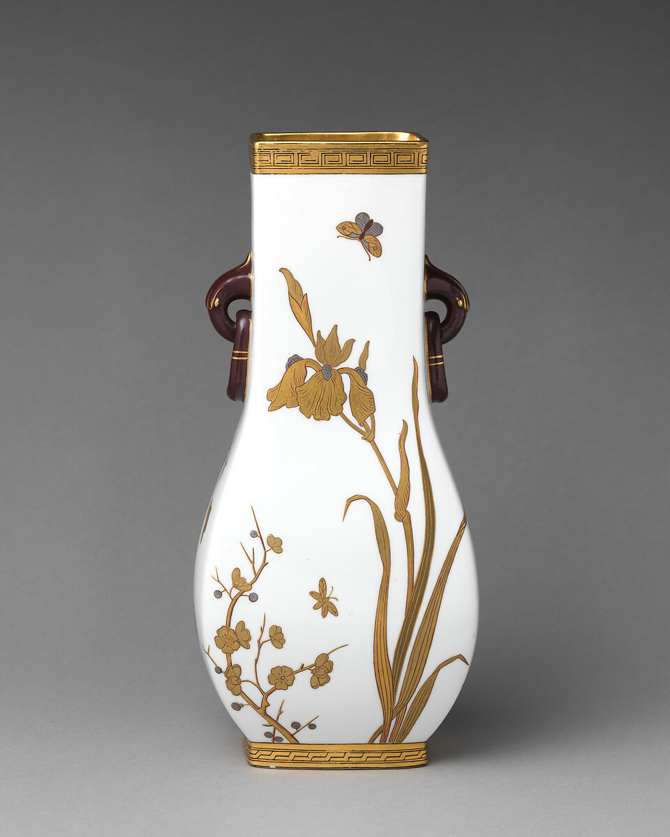 Vase with white and gold floral motifs and ring handles, Minton(s) (British, Stoke-on-Trent, 1793–present), Bone china, British, Stoke-on-Trent, Staffordshire