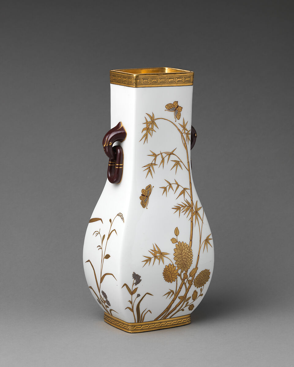 Vase with white and gold floral motifs and ring handles, Minton(s) (British, Stoke-on-Trent, 1793–present), Bone china, British, Stoke-on-Trent, Staffordshire