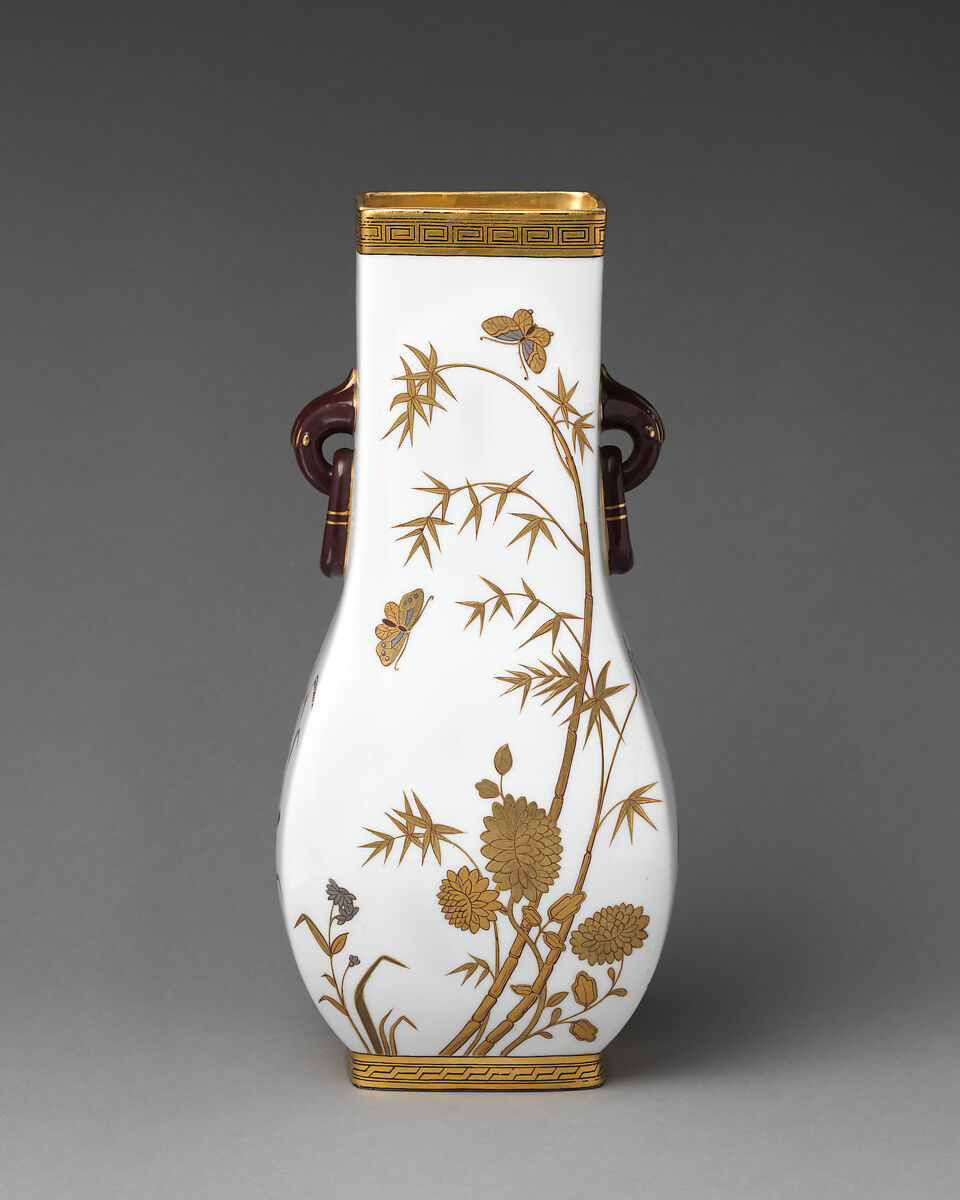 Vase with white and gold floral motifs and ring handles, Minton(s) (British, Stoke-on-Trent, 1793–present), Bone china, British, Stoke-on-Trent, Staffordshire 