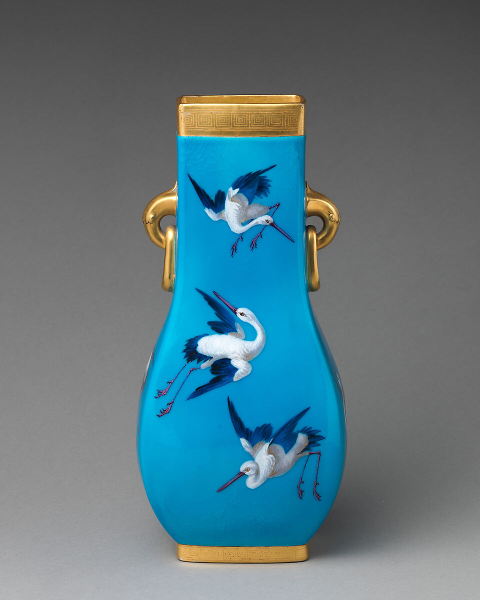 Vase with crane motifs and ring handles, Minton(s) (British, Stoke-on-Trent, 1793–present), Bone china, British, Stoke-on-Trent, Staffordshire 