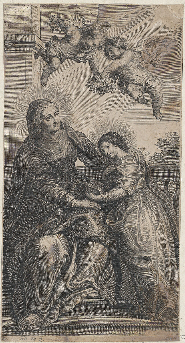 The education of the Virgin, with Saint Anne and the Virgin Mary reading with two putti overhead, Conraet Woumans (Flemish, Antwerp 1618–after 1675), Etching and engraving; second state of three (Hollstein) 