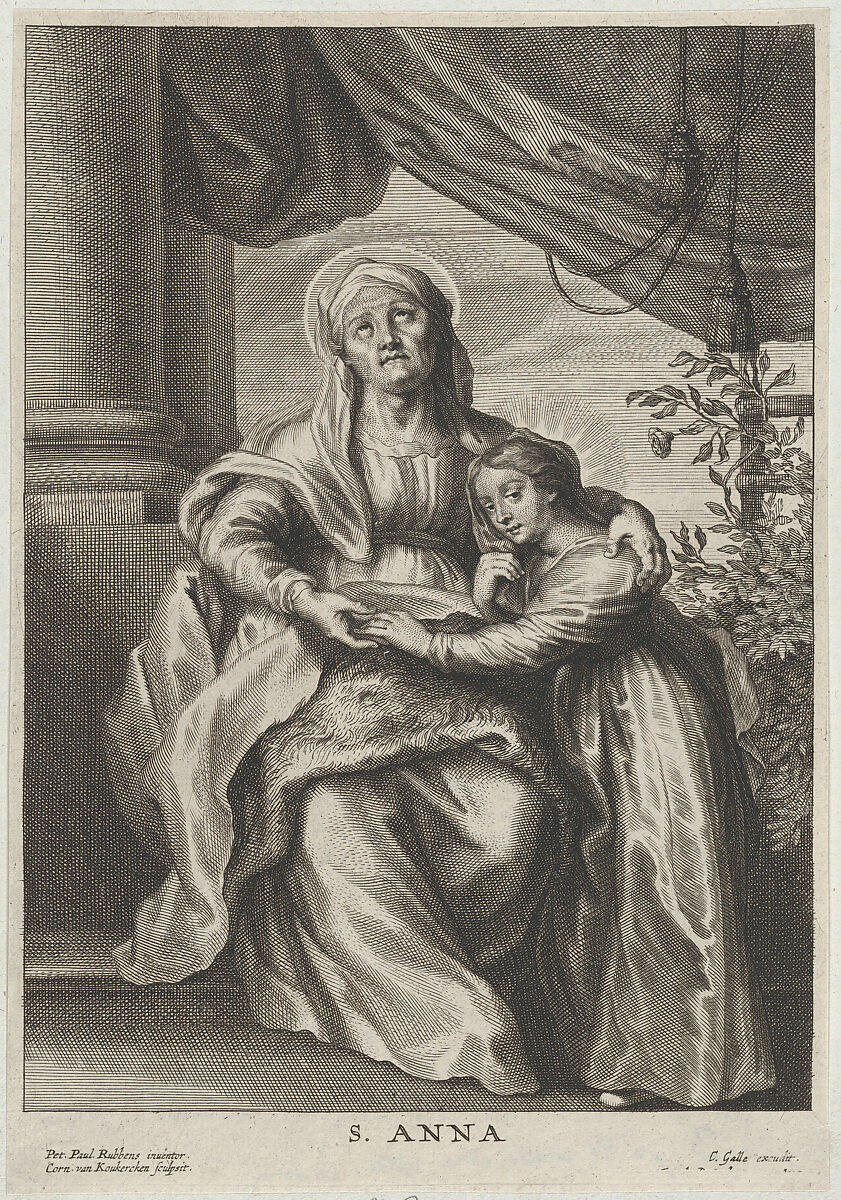 The education of the Virgin, with Saint Anne seated on a bench looking upwards and putting her arm around the Virgin, Cornelis van Caukercken (Flemish, probably Antwerp ca. 1625–1680 Bruges), Etching and engraving; third state of three (Hollstein) 