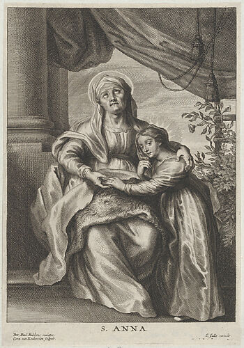 The education of the Virgin, with Saint Anne seated on a bench looking upwards and putting her arm around the Virgin