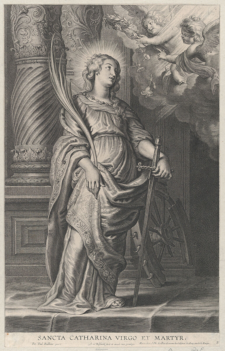 Saint Catherine holding palm leaves and a sword, two putti overhead holding a laurel, Schelte Adams à Bolswert (Dutch, Bolsward 1581–1659 Antwerp), Etching and engraving; second state of two (undescribed) 