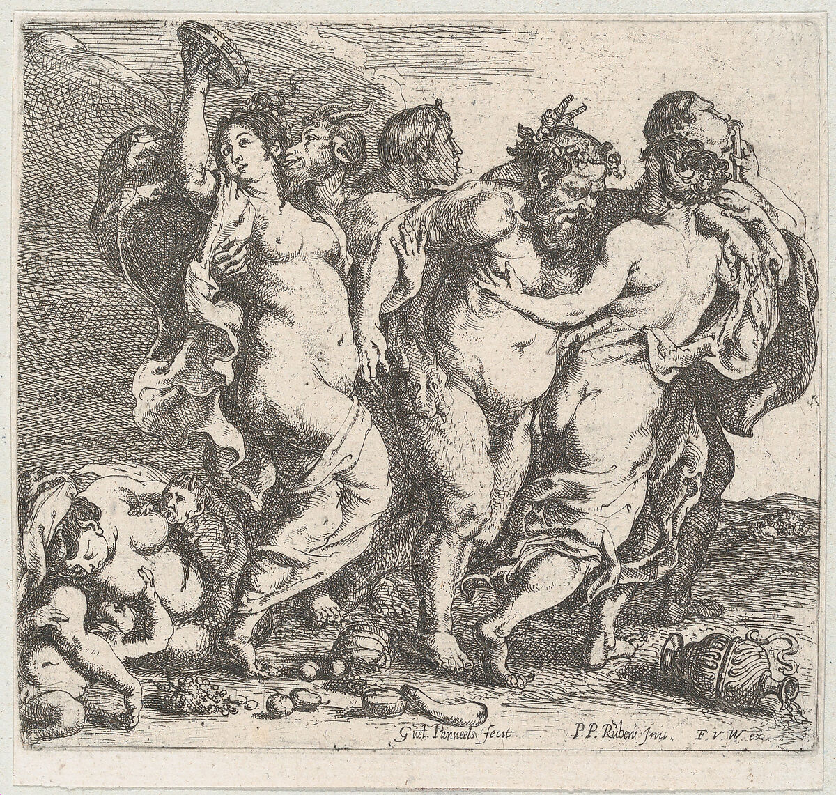 The drunken Silenus, accompanied by nymphs and satyrs, Willem Panneels (Flemish, ca. 1600–after 1632), Etching; second state of two 