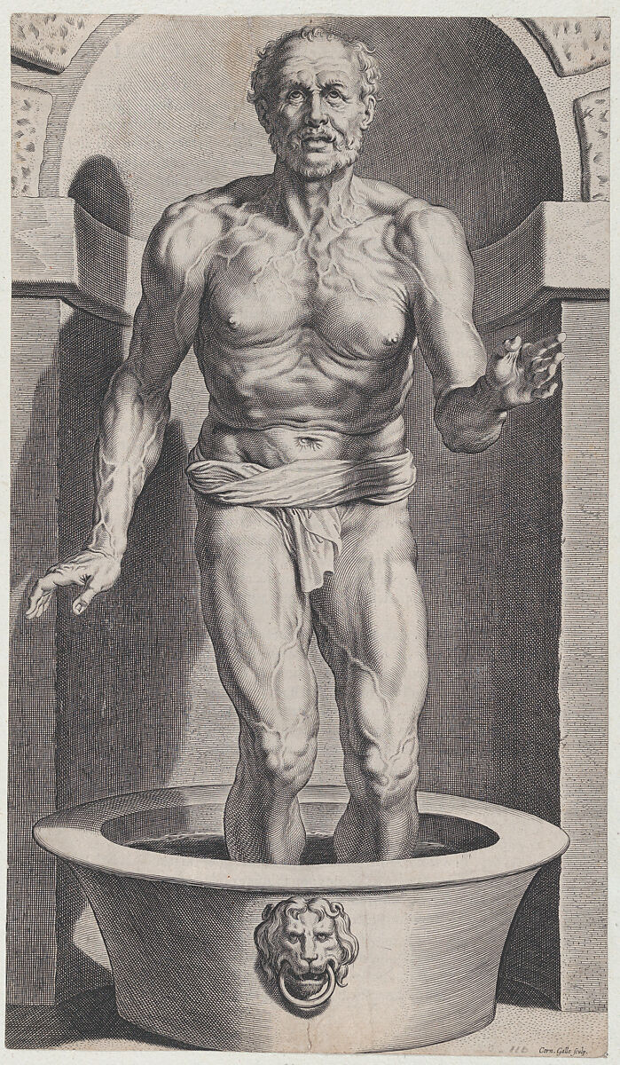 Seneca at the bath, standing in a niche with his feet in a basin, Cornelis Galle I (Netherlandish, Antwerp 1576–1650 Antwerp), Engraving; third state of three (Hollstein) 