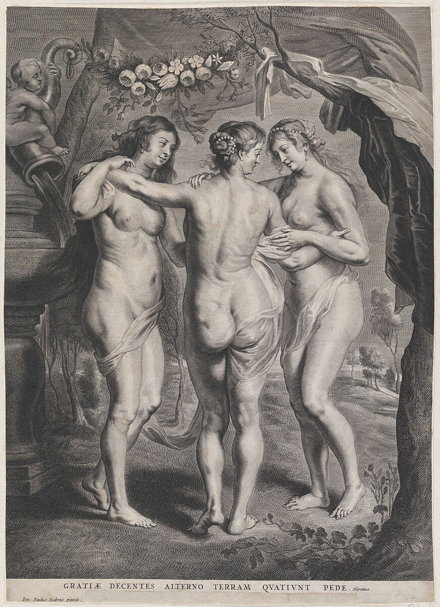 The Three Graces, Pieter de Jode II (Flemish, 1606–ca. 1674), Engraving; first state of two 