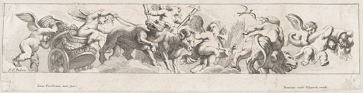Frieze with putti, some riding a chariot pulled by animals, others riding animals and holding garlands, Lucas Vorsterman II (Flemish, Antwerp 1624–after 1666 Antwerp), Etching; second state of two (Hollstein) 
