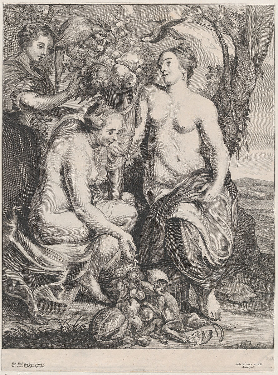 Allegory of abundance: Ceres holding a cornucopia at right and Pomona at left feeding fruit to a monkey, Theodor van Kessel (Dutch, 1620–1660), Etching and engraving 