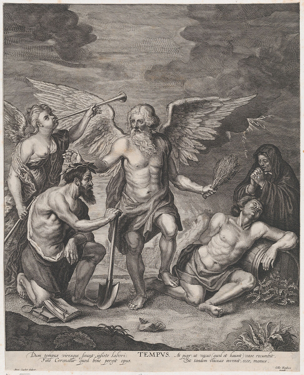Time crowning Employment and punishing Idleness, Antoine Couchet (Flemish, Antwerp 1630–1678), Engraving; second or third state of three (Hollstein) 