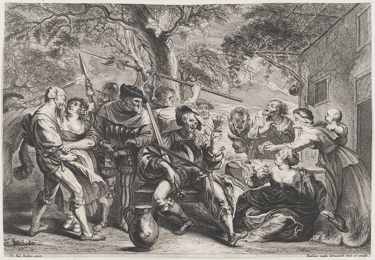 Soldiers and peasants, sitting and fighting near a table, Frans van den Wyngaerde (Flemish, Antwerp 1614–1679 Antwerp), Etching and engraving 