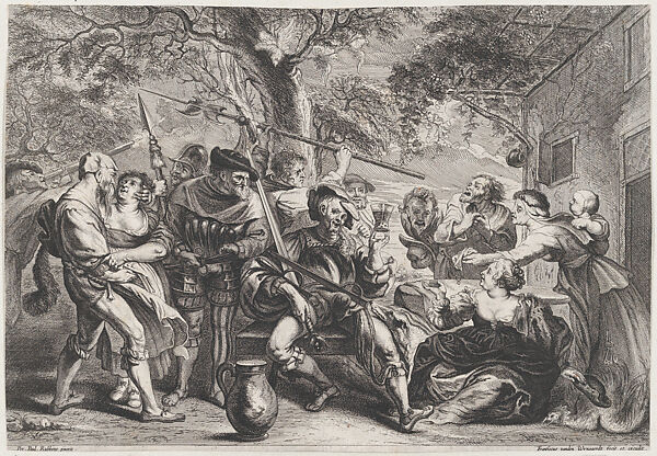 Soldiers and peasants, sitting and fighting near a table