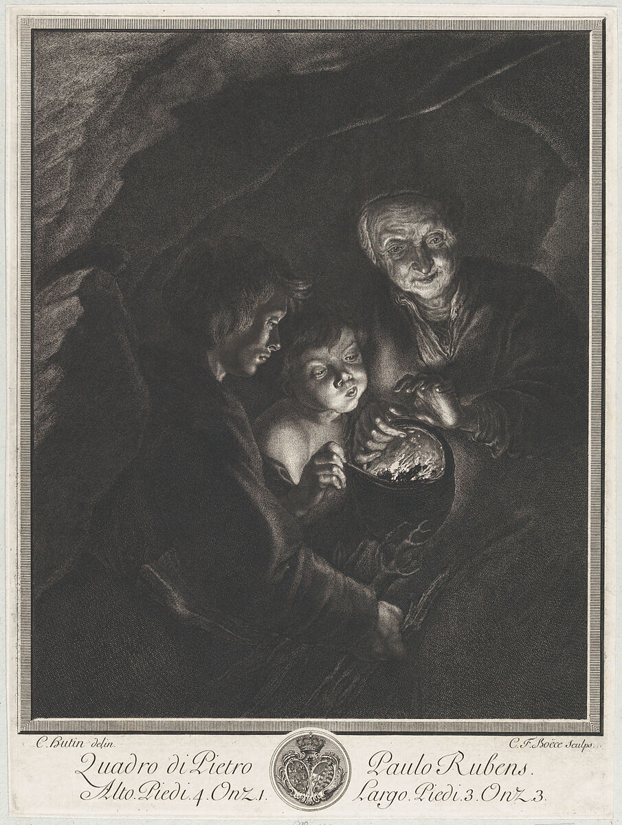 Night scene in a cave with an old woman holding burning coals in a pot, a boy blowing into the fire at left, Christian Friedrich Boetius (German, Leipzig 1706–1782 Dresden), Engraving 
