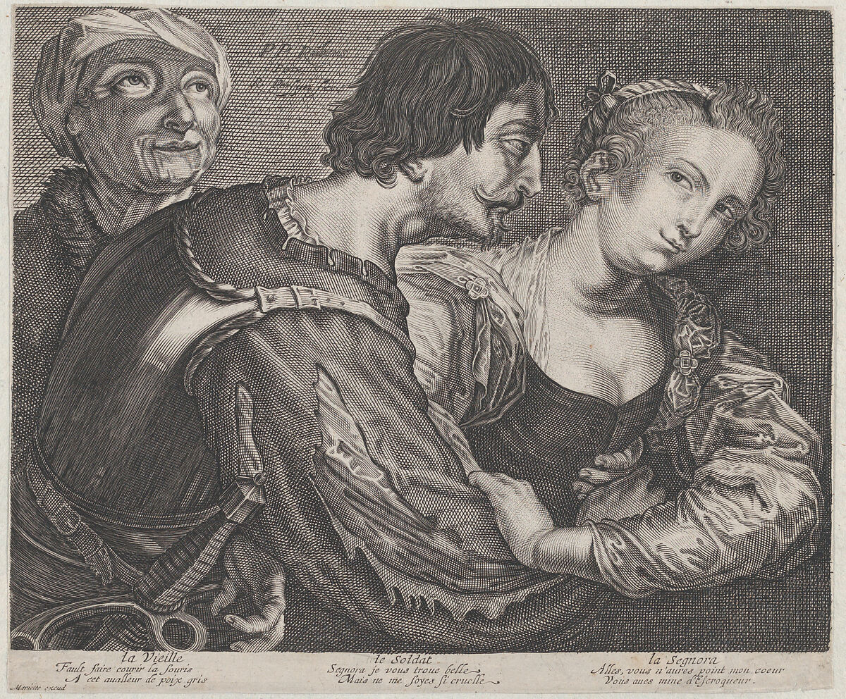 The procuress: an old woman, a soldier, and a woman, Renier Persyn (Dutch, Alkmar ca. 1614–before 1668 Gouda), Engraving; second state of two 