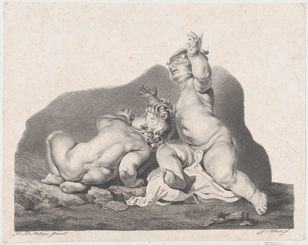 Two children lying on the ground, one seen from behind, Anonymous (J. Alberti), Engraving 