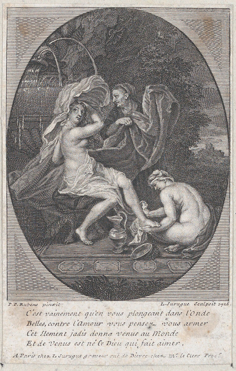 A woman at the bath, another woman washing her right foot and an old woman behind her holding her clothes, Louis Surugue (French, Paris ca. 1686–1762 Grand Vaux), Engraving 