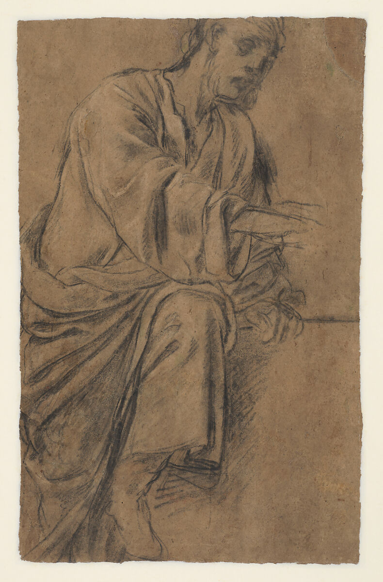 Head of beared man (recto), Study of an apostle (verso), Giacomo Cavedone (Italian, Sassuolo 1577–1660 Bologna), Black chalk (or charcoal?) and highlighted with traces of white chalk on brown paper