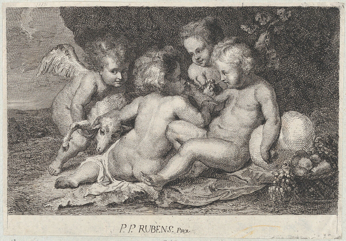 A group of three children and a putto with fruit and a lamb, Philip Spruyt (Flemish, Ghent 1727–1801 Ghent), Etching 