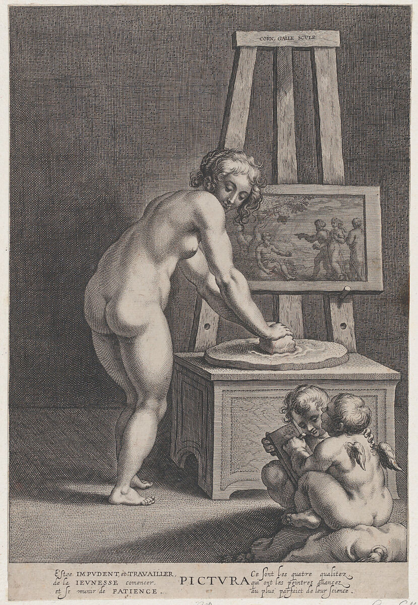 Pictura: allegory of painting, with a nude woman at center grinding pigments, two putti drawing at lower right, Cornelis Galle I (Netherlandish, Antwerp 1576–1650 Antwerp), Engraving; second state of two 