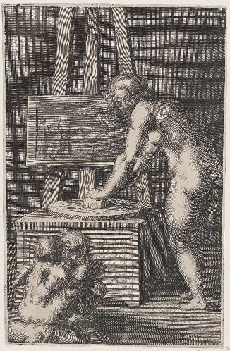 Pictura: allegory of painting, with a nude woman at center grinding pigments, two putti drawing at lower left, Anonymous, Engraving; reverse copy 
