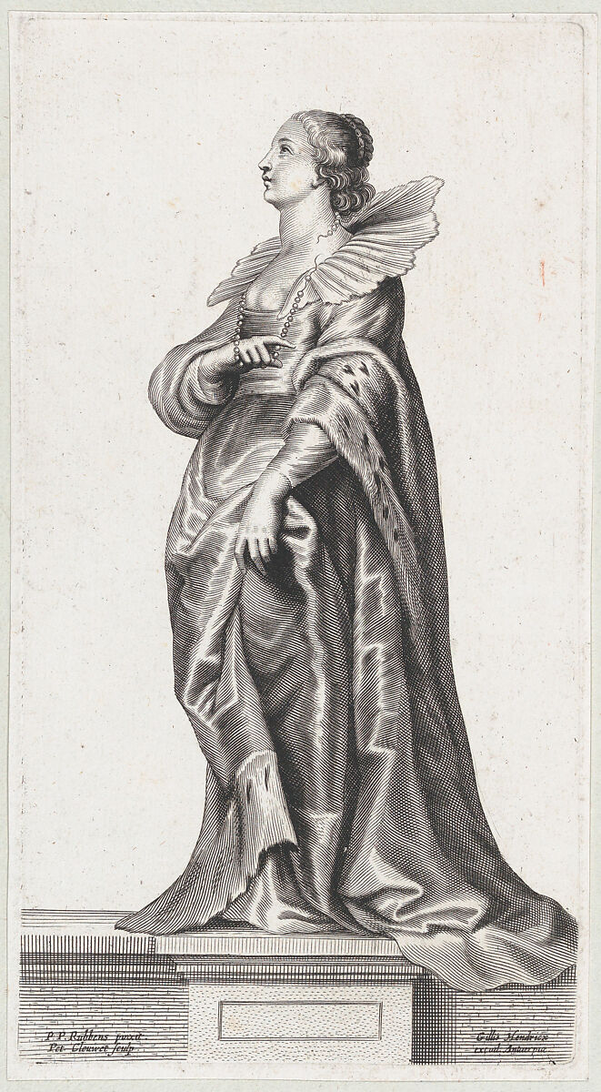 A woman standing on a pedestal, wearing a fur-trimmed coat and ruff, Peeter Clouwet (Flemish, Antwerp 1629–1670 Antwerp), Engraving 