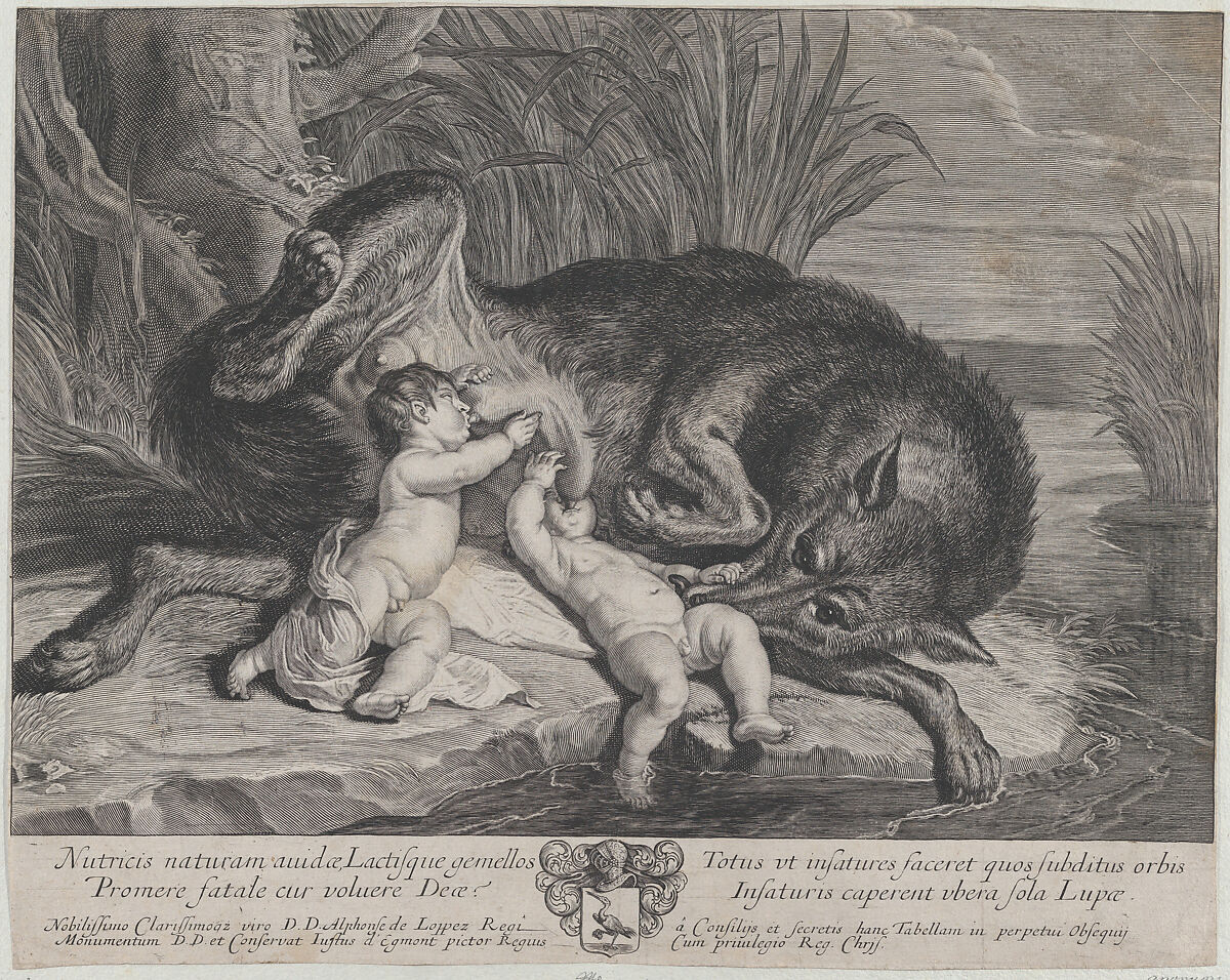 Romulus and Remus suckling the she-wolf on a riverbank, After Justus van Egmont (Flemish, Leiden 1601–1674 Antwerp), Engraving 