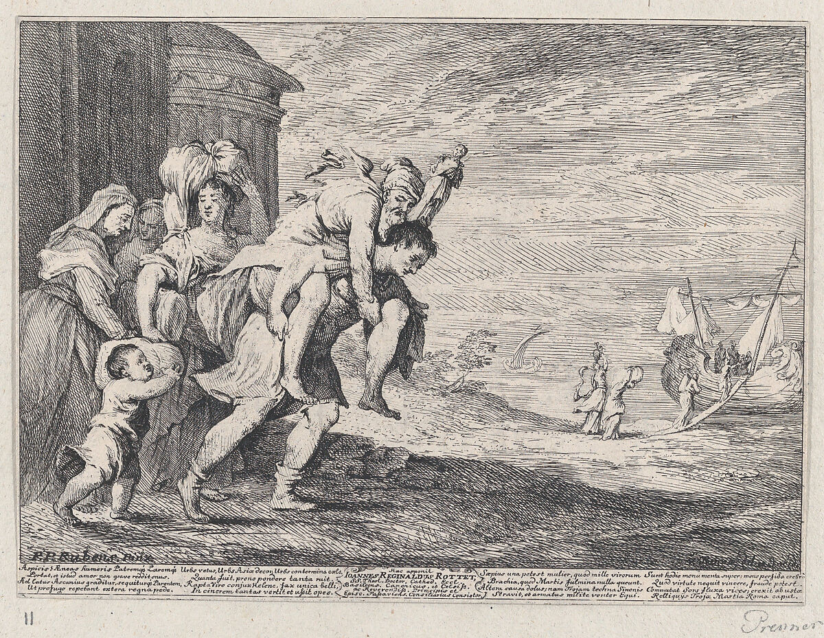 Aeneas fleeing Troy, with a group of six figures leaving the city at left, Aeneas carrying his father Anchises on his back, followed by his wife Creusa and his son Ascanius, two servants at far left, Anton Joseph von Prenner (Austrian, Wallerstein 1683–1761 Vienna), Etching 