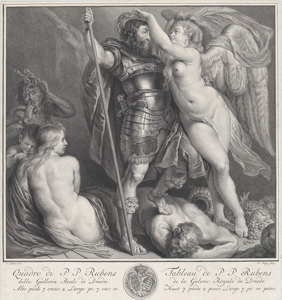Hero crowned by Victory, who places a laurel wreath on his head, Venus and Cupid at left, Envy at left in the background, Silenus on the ground, under the hero's foot, Pieter Tanjé (Dutch, Bolsward 1706–1761 Amsterdam), Engraving 