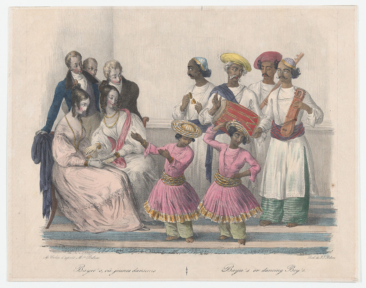 Bayees or Dancing Boys; from Twenty four Plates Illustrative of Hindoo and European Manners in Bengal, Alexandre-Marie Colin (French, Paris 1798–1875 Paris), Hand-colored lithograph 