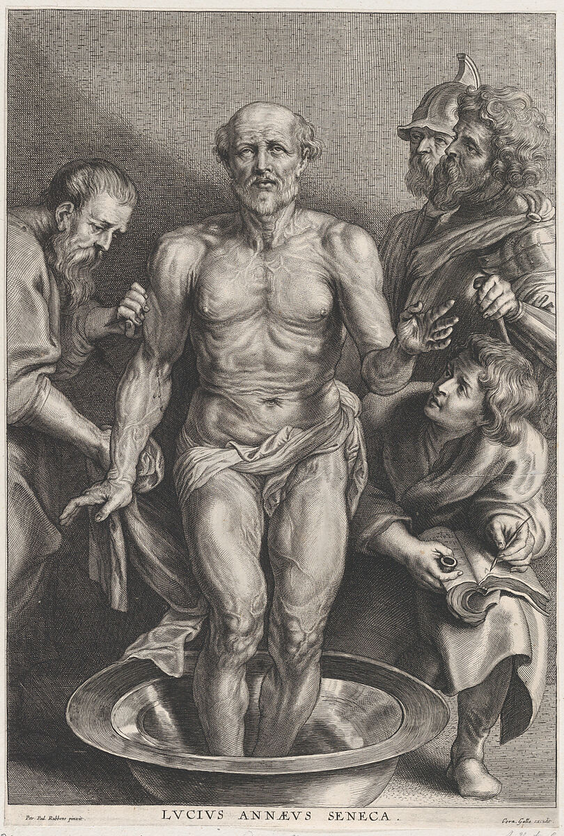 The Death of Seneca, standing at center with his feet in a basin of water, supported by a disciple at left while another takes down his last words at right, Alexander Voet II (Flemish, Antwerp ca. 1635–after 1695 Ghent), Engraving; second state of two 