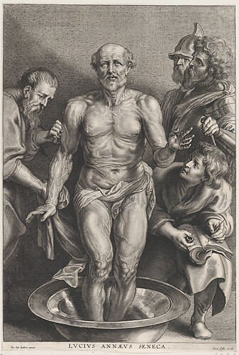 The Death of Seneca, standing at center with his feet in a basin of water, supported by a disciple at left while another takes down his last words at right